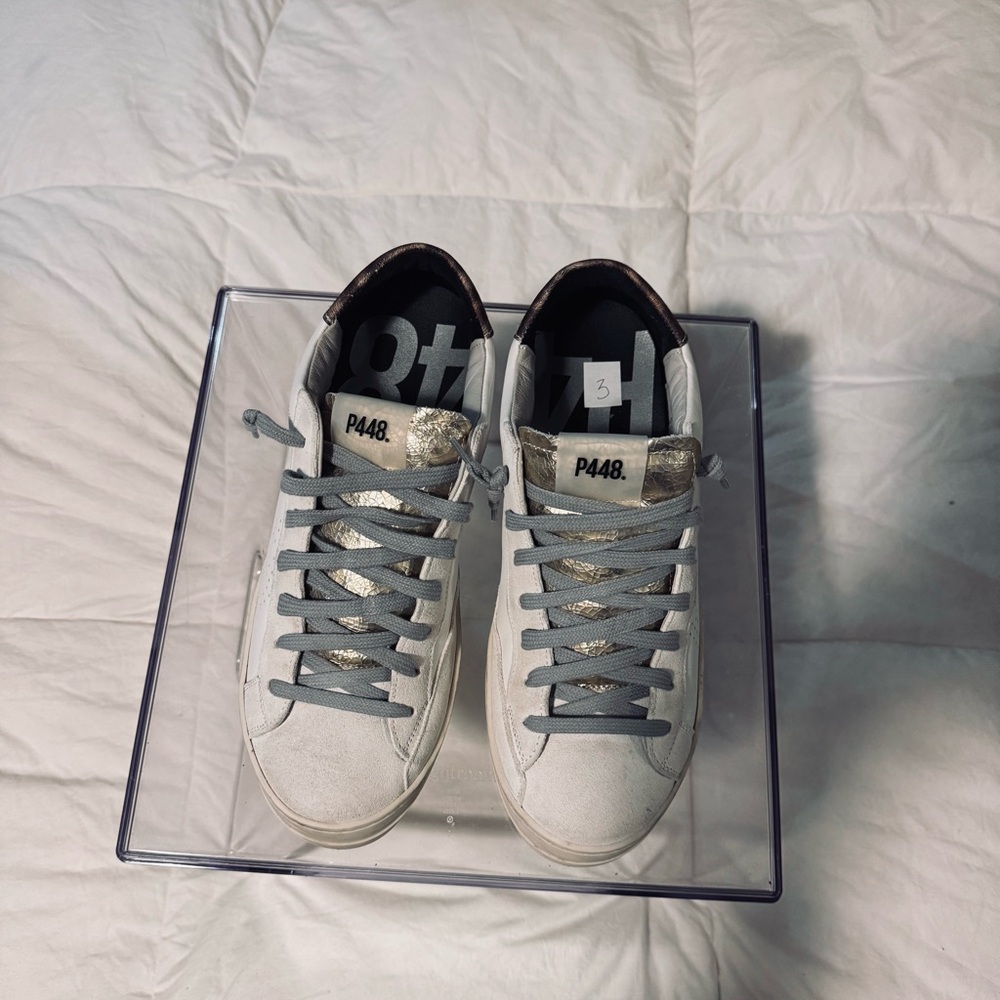 P448 White, Cream and Gold Lace-Up Sneakers Women’s Size 41/10.5